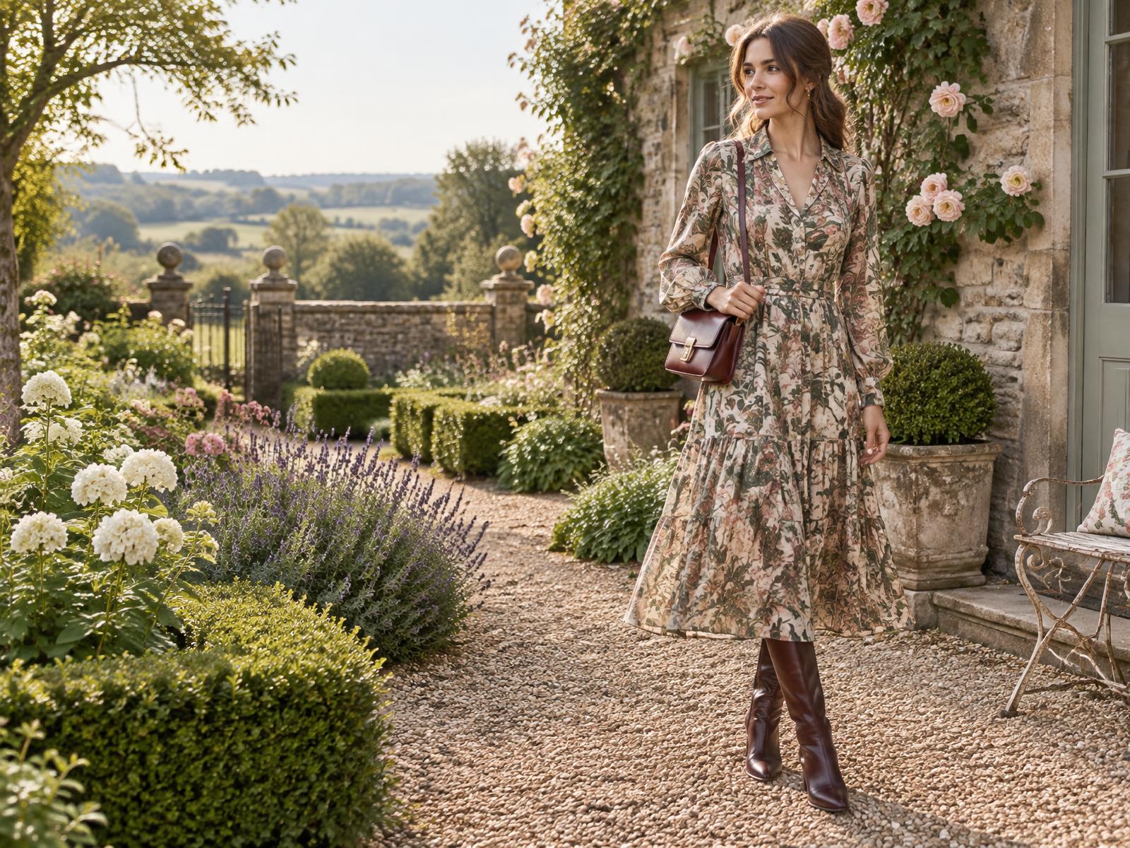 Woman wearing The Quirky Finch floral dress in an English garden